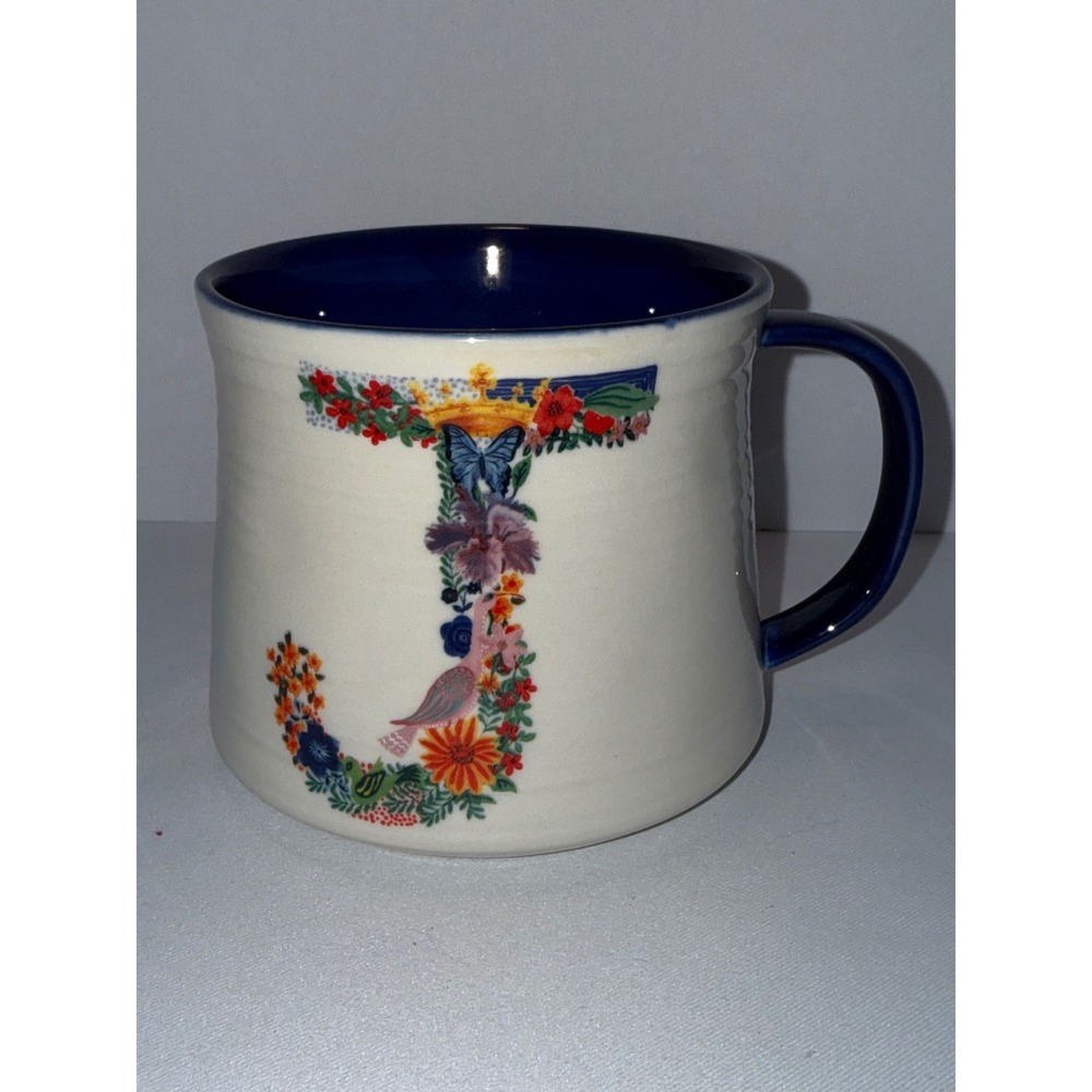 Anthropologie Nathalie Lete Monogram Initial J Mug Blue White Floral‎ Rabbit Cup